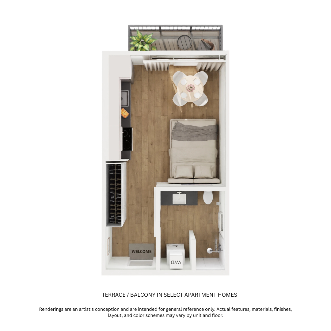 Floor plan for studio, 1 bath, 358 sqft